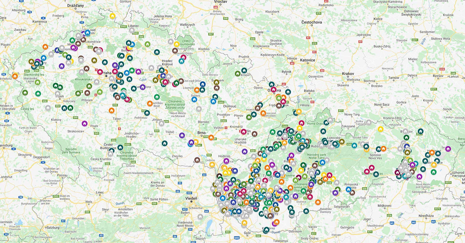 Map of locations of houses we designed in Slovak and Czech republic