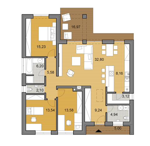 House plan of bungalow - 116 m2