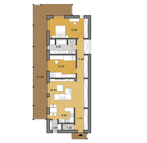 House plan of I shaped bungalow 104 m2