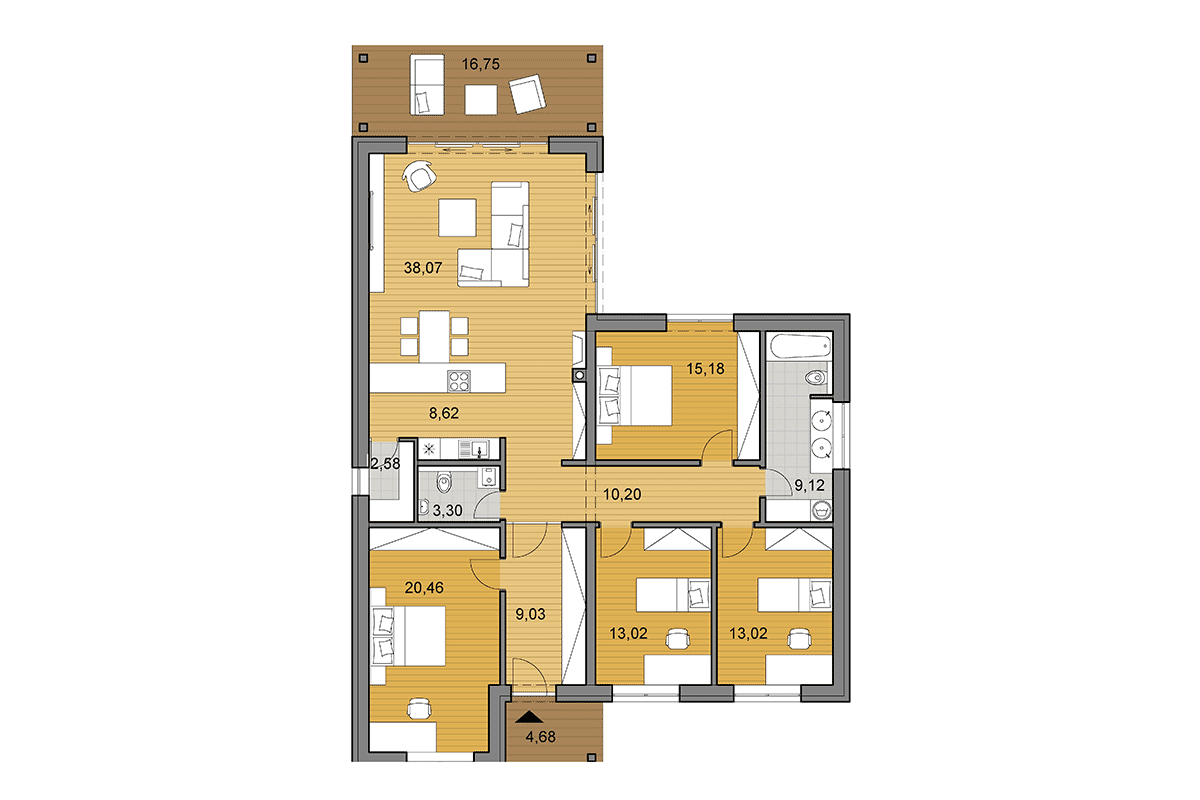 Projekt domu L135 - Pôdorys vo variante s 5 izbami