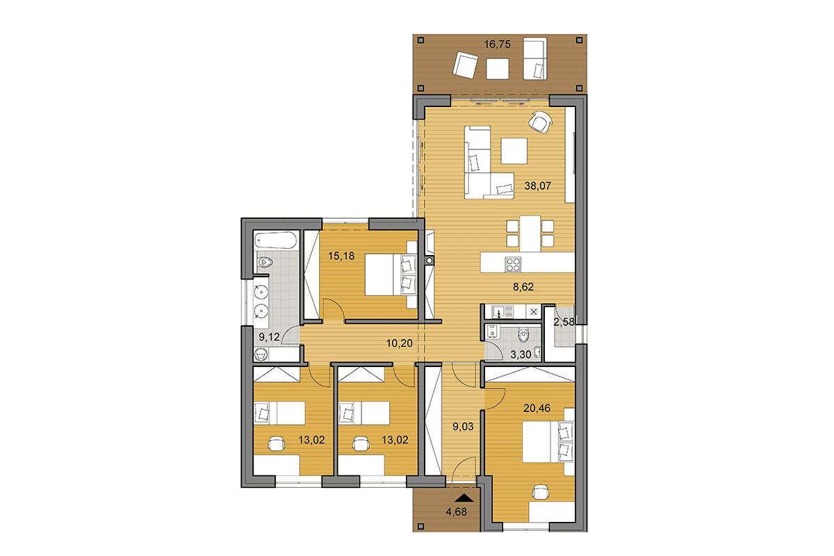 House plan L135 - Floor plan option with 4 bedrooms - Mirrored
