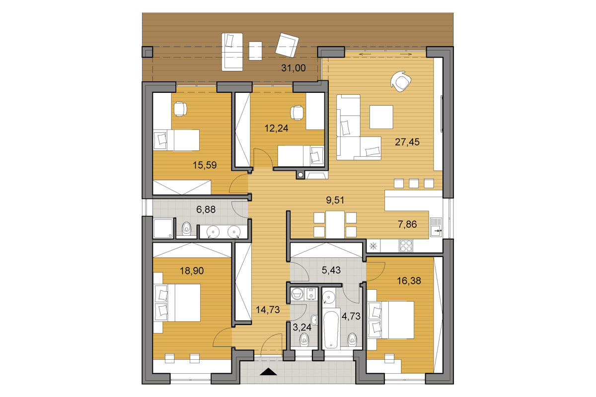 Projekt domu O140 - Pôdorys vo variante s 5 izbami