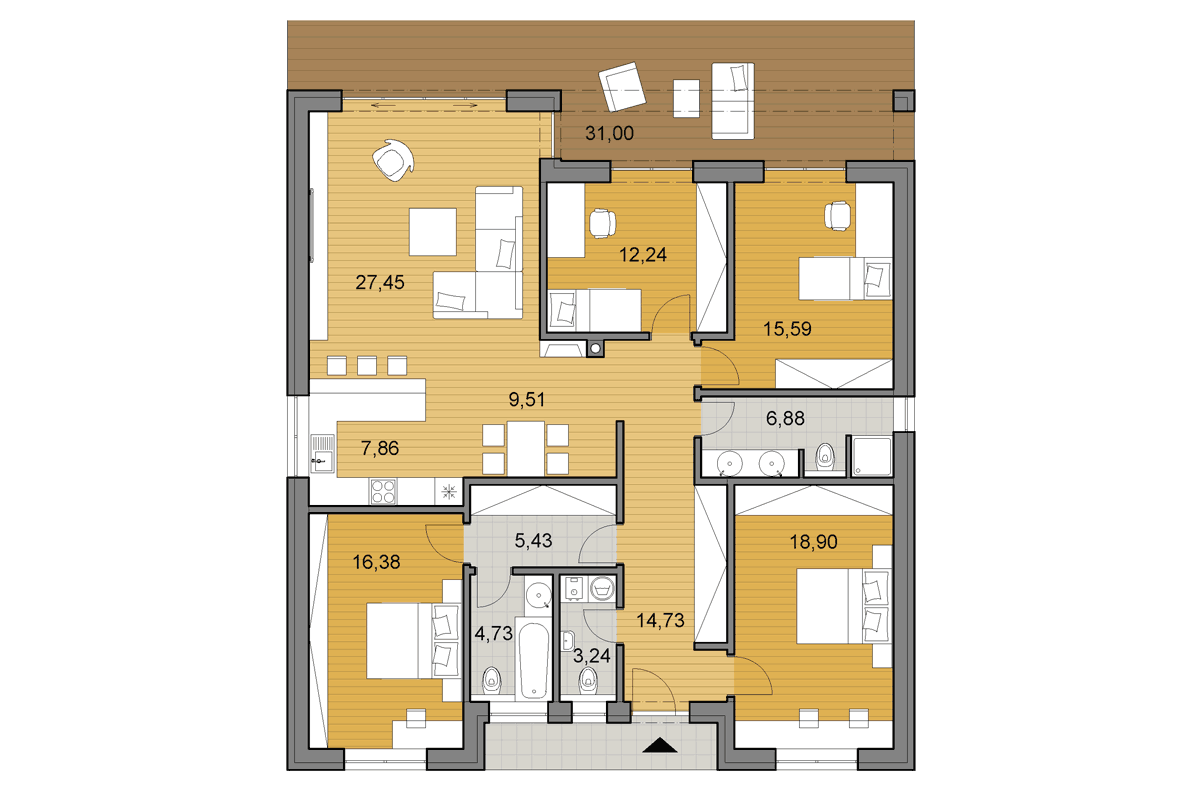 House plans - Bungalow O140 - Floor plan - 4 bedrooms - Mirrored