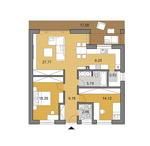 House plan of small bungalow of 87 m2