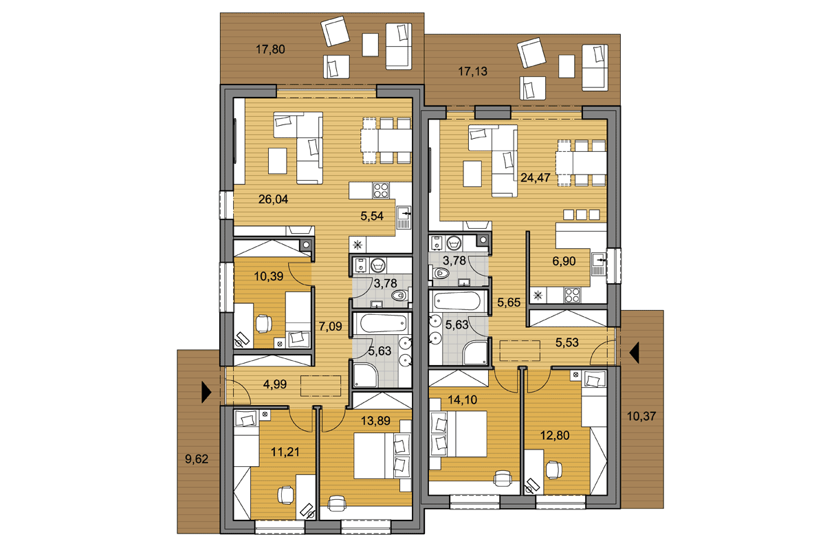 Projekt dvojdomu DD80-90 - Pôdorys - Zrkadlený