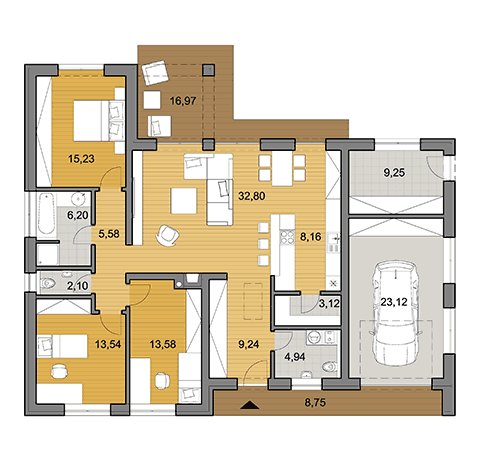 Projekt rodinného domu s garážou o ploche 147 m2