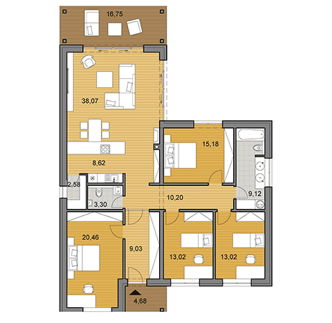 Projekt bungalovu do L - L135 s 5 izbami- Pôdorys