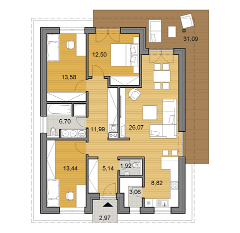 Projekt bungalovu - O105 - pôdorys