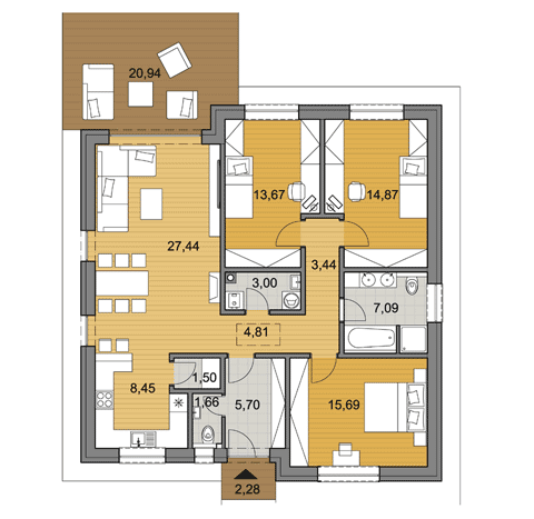 Projekt bungalovu o ploche 107 m2