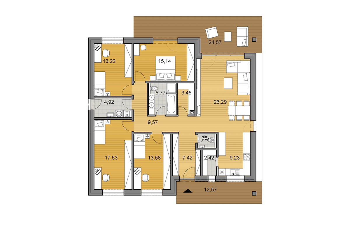 Projekt domu O130 - Pôdorys vo variante s 5 izbami