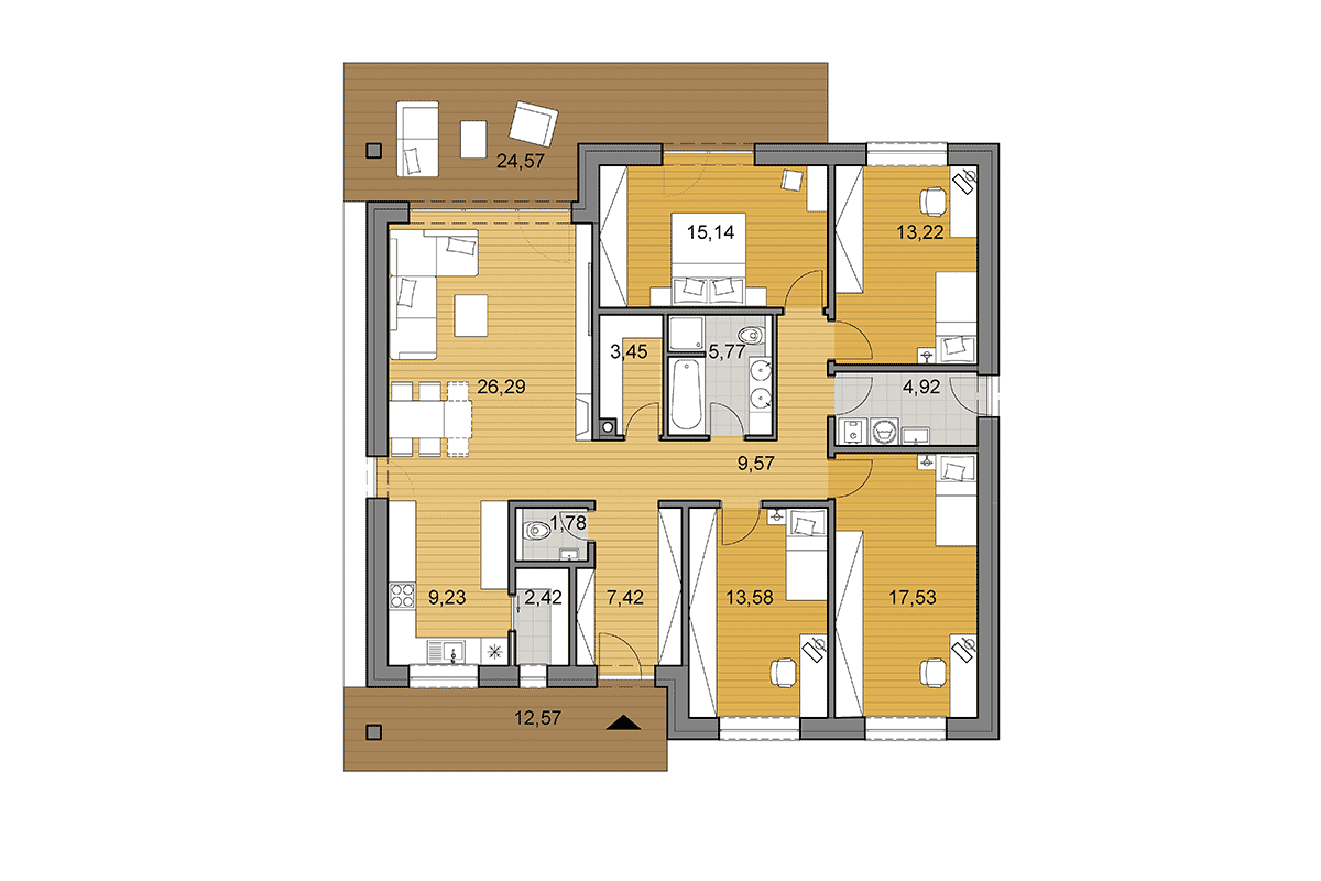 Projekt domu O130 - Pôdorys vo variante s 5 izbami - zrkadlený