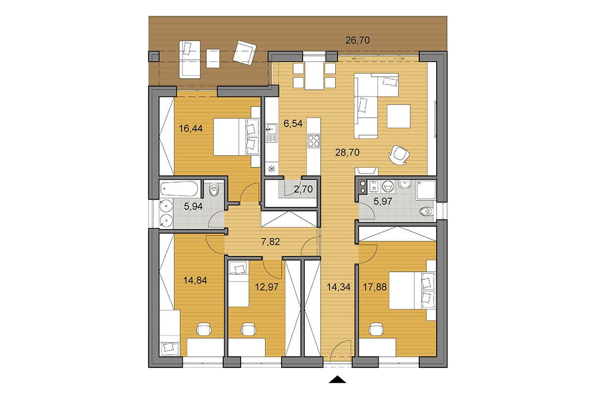 Projekt domu O135 - Pôdorys vo variante s 5 izbami