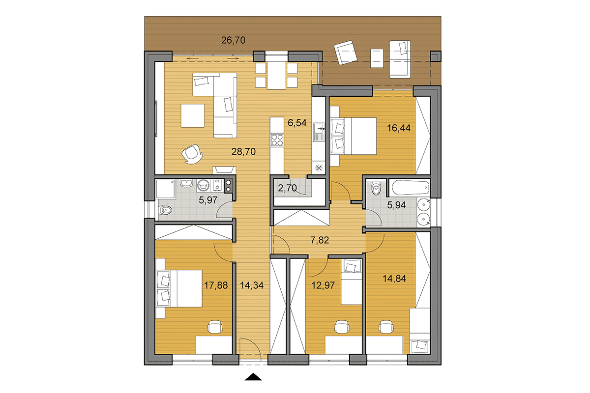 Projekt domu O135 - Pôdorys vo variante s 5 izbami zrkadlený