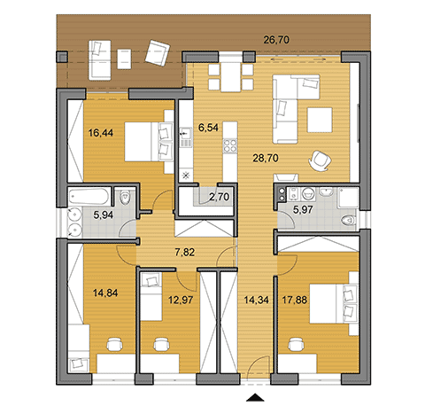 Projekt rodinného domu O135 - Pôdorys