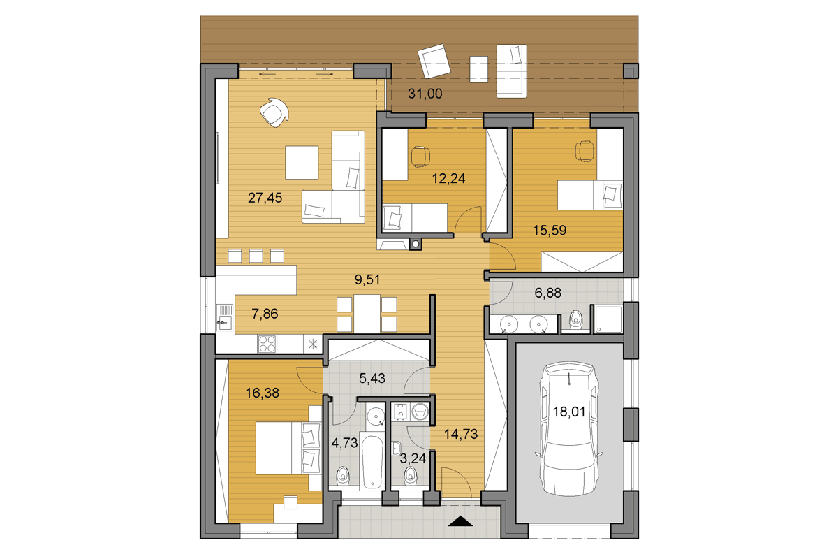 Bungalow O140 - Floor plan - Mirrored