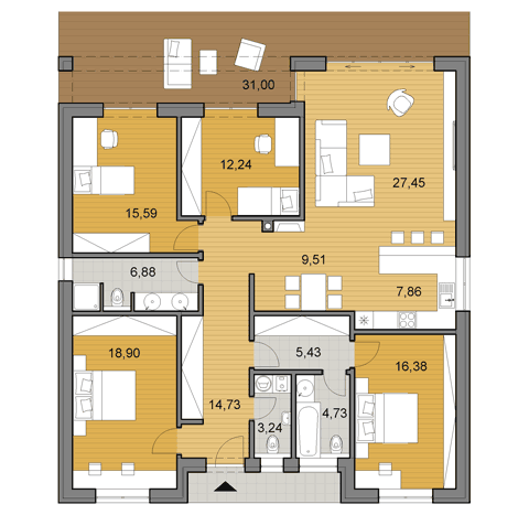 Projekt väčšieho rodinného domu o ploche 142 m2