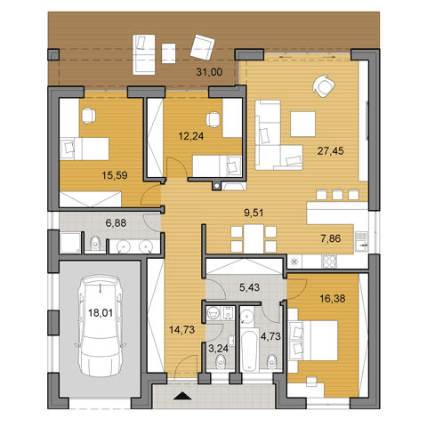 Projekt väčšieho rodinného domu o ploche 142 m2